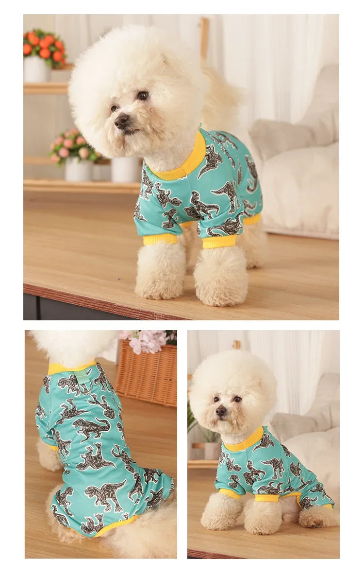 A fluffy white dog wearing a teal patterned soft cotton pajama top and bottoms.