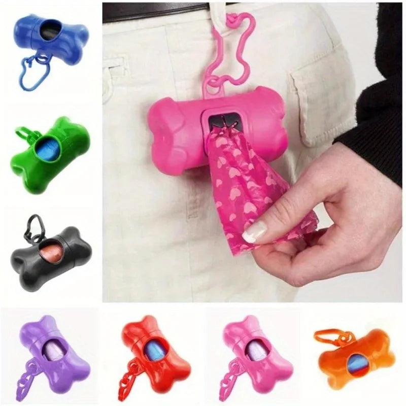 Various bone-shaped pet poop bags dispensers in purple, green, black, pink, and orange colors.