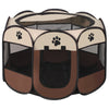 A folding octagonal pet cage for dogs with a light beige and brown color scheme.