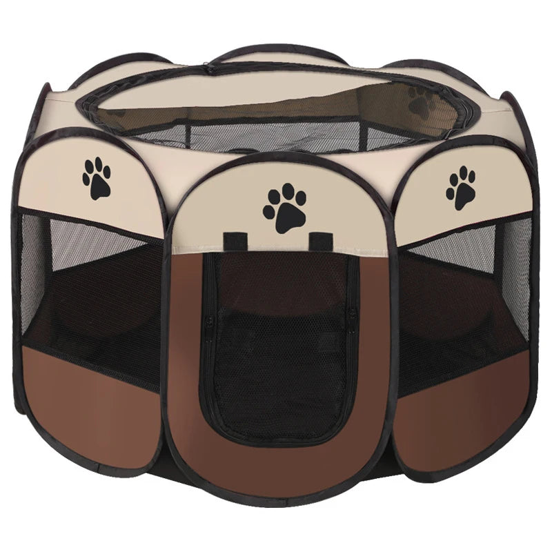 A folding octagonal pet cage for dogs with a light beige and brown color scheme.