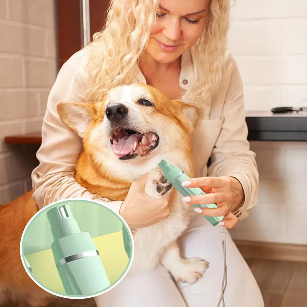 A woman is using a 4-in-1 rechargeable pet grooming kit with ceramic blades on a dog.