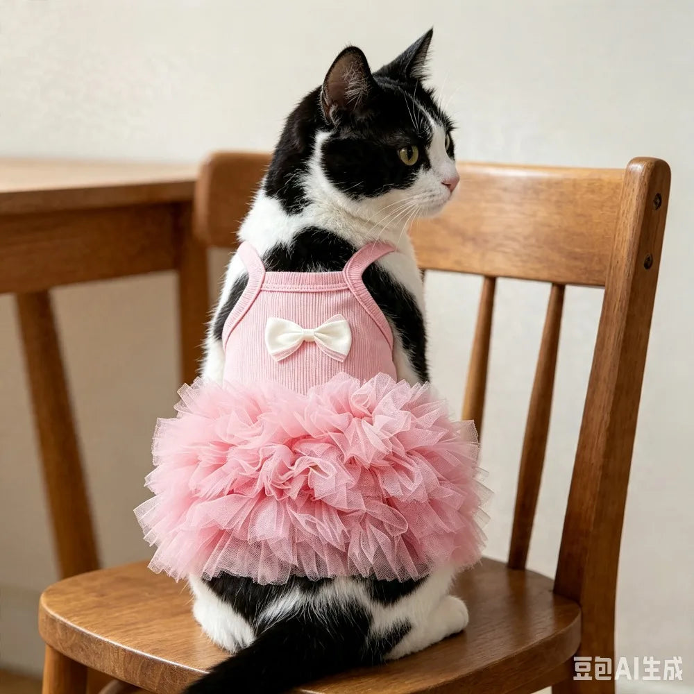 A black and white cat wearing a pink suspender tutu dress.
