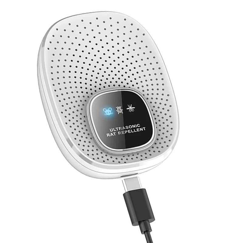 A white ultrasonic rat repellent device with a black connector cable.