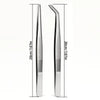 A pair of precision stainless steel tweezers, showing both a straight and a curved tip.