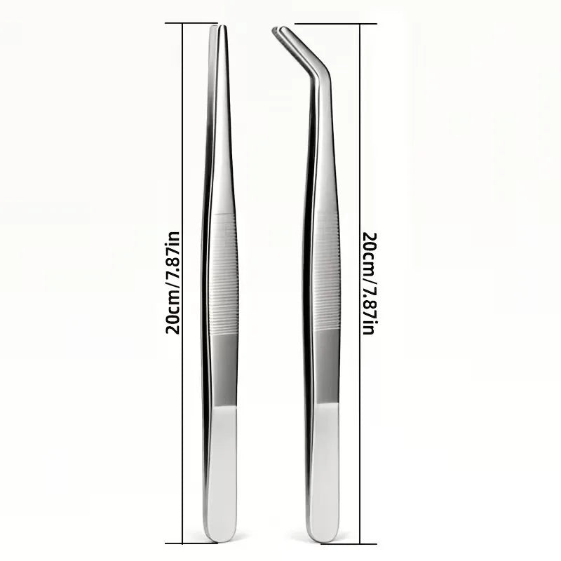 A pair of precision stainless steel tweezers, showing both a straight and a curved tip.