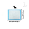 A square white pet training pad with light blue edges and a silhouette of a dog on top.