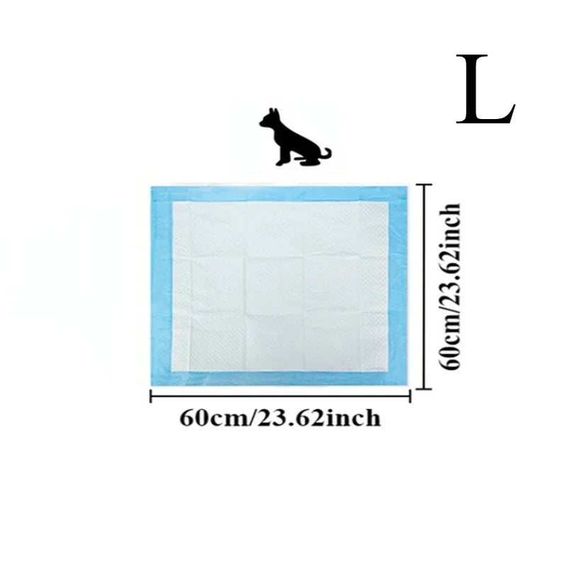 A square white pet training pad with light blue edges and a silhouette of a dog on top.