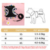 A set of black pet harness sizes S, M, and L with corresponding chest measurements and estimated pet weights.