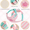 A pink and teal striped dog harness and leash set with various components shown in detail.
