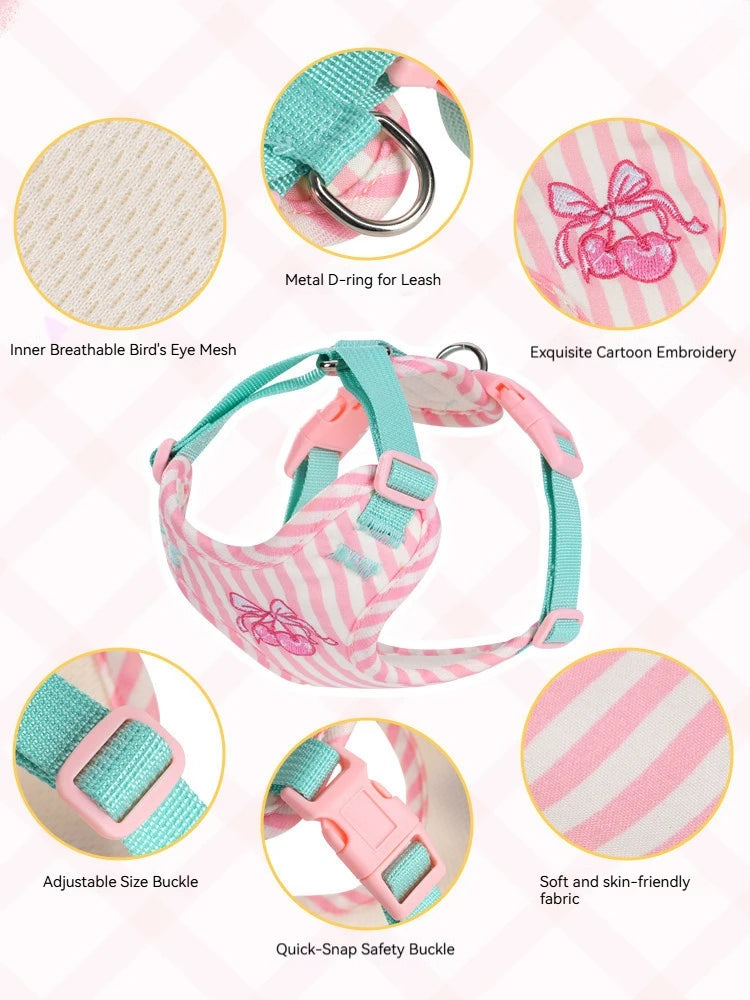 A pink and teal striped dog harness and leash set with various components shown in detail.