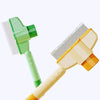 A pair of self-cleaning pet brushes, one green and one yellow, showing the brush heads and handles.