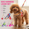 A fluffy brown dog wearing a plaid harness and leash set with various colored leashes displayed below.