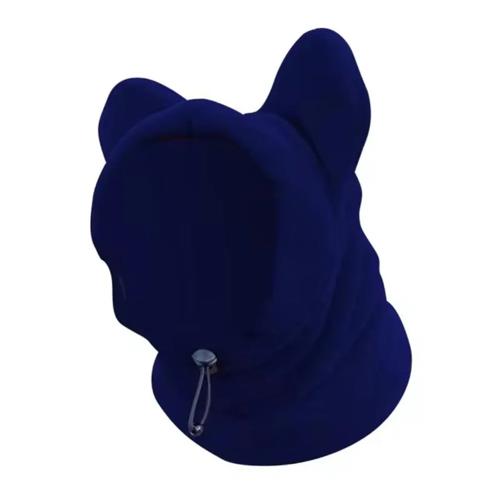 A dark blue fleece dog winter hat with a soft, fuzzy texture.