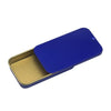 A compact sliding lid tin box in blue and gold for storing treats, pills, and small items.