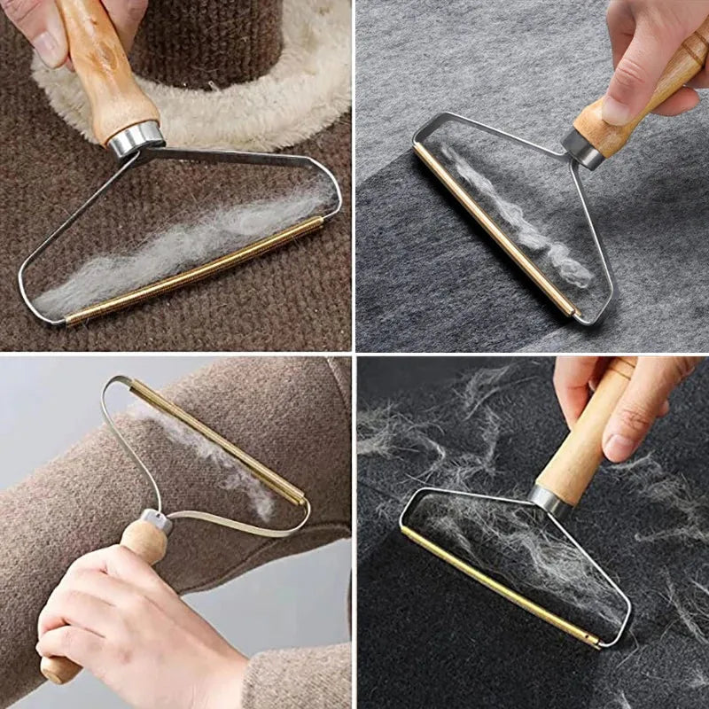 Eine Hand benutzt ein manuelles Fusselentfernerwerkzeug, um Fussel von einem Kleidungsstück Stoff zu entfernen.