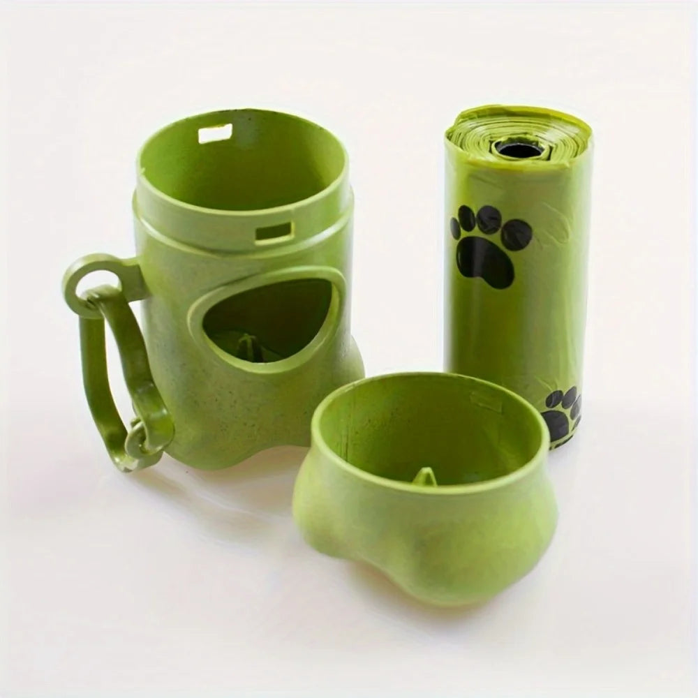 Un juego de dispensadores portátiles de bolsas para mascotas en forma de hueso en verde oliva, que incluye una jarra y un dis
