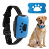 A blue dog bark collar with a paw print design is shown next to a golden retriever wearing it.