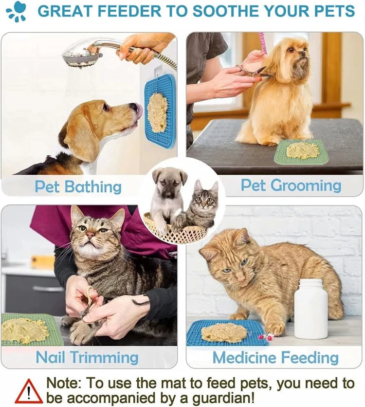 Silicone lick mat for pets used for bathing, grooming, nail trimming, and medicine feeding.
