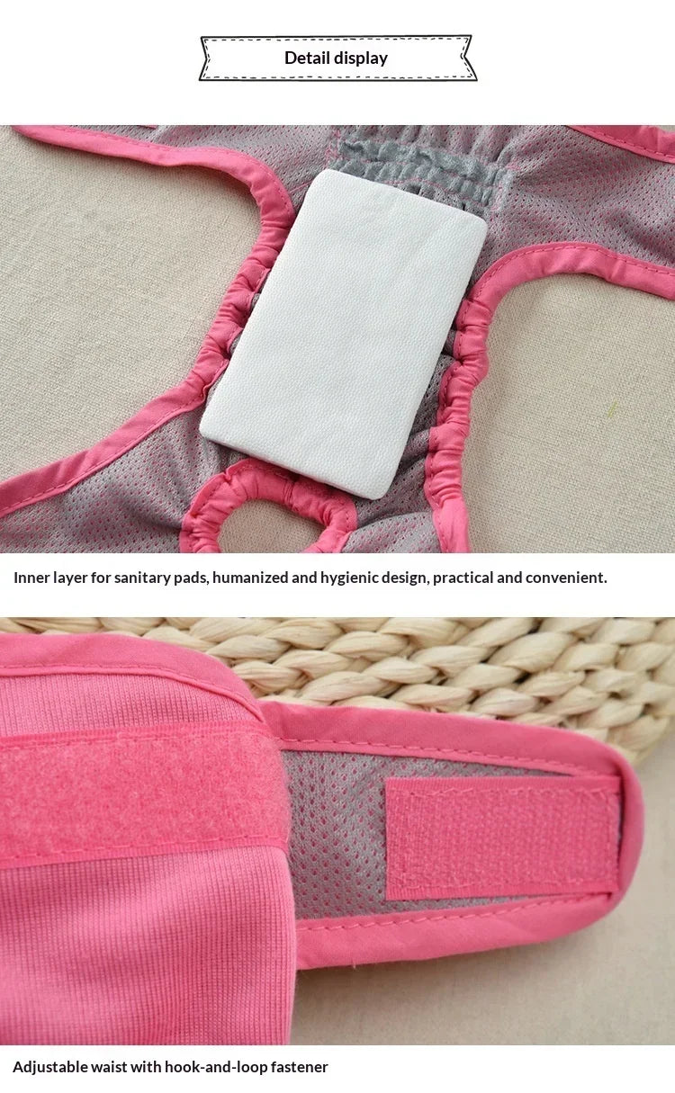 Detail display of a pink reusable dog diaper inner layer and an adjustable pink wrist strap.