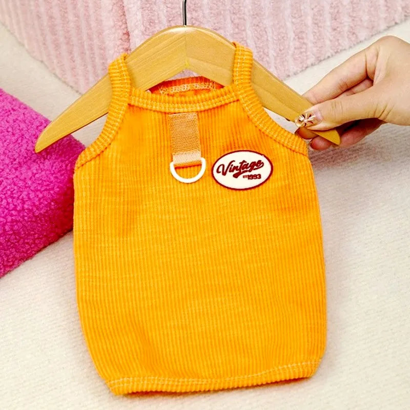 Orange knitted dog vest with a vintage tag hanging on a wooden hanger