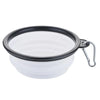 A white collapsible silicone pet travel bowl with a black rim and hanging loop.
