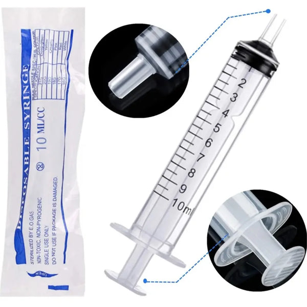 A package of disposable plastic Luer slip syringes with various sizes and a magnified view of the syringe tip.