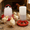 A set of automatic chicken feeder and waterer combo, featuring a pink plastic dispenser and an orange base, with several yell