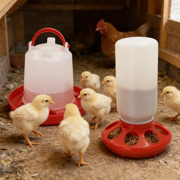 A set of automatic chicken feeder and waterer combo, featuring a pink plastic dispenser and an orange base, with several yell
