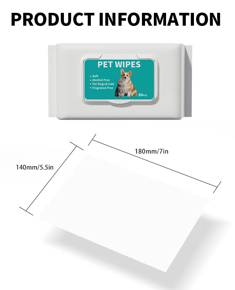 A package of pet wipes featuring a cat and dog, labeled as soft alcohol-free fragrance-free wipes for dogs and cats.