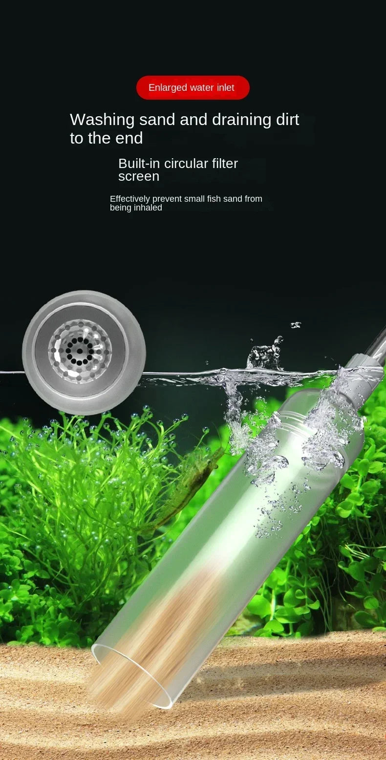 A clear glass aquarium gravel cleaner and water changer with a siphon pump is shown in a natural, sandy environment.