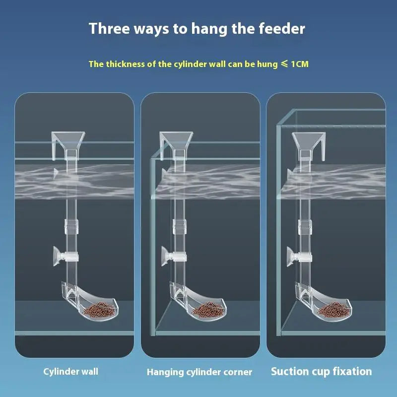 Diagram showing three ways to hang a feeder: cylinder wall, hanging cylinder corner, and suction cup fixation.