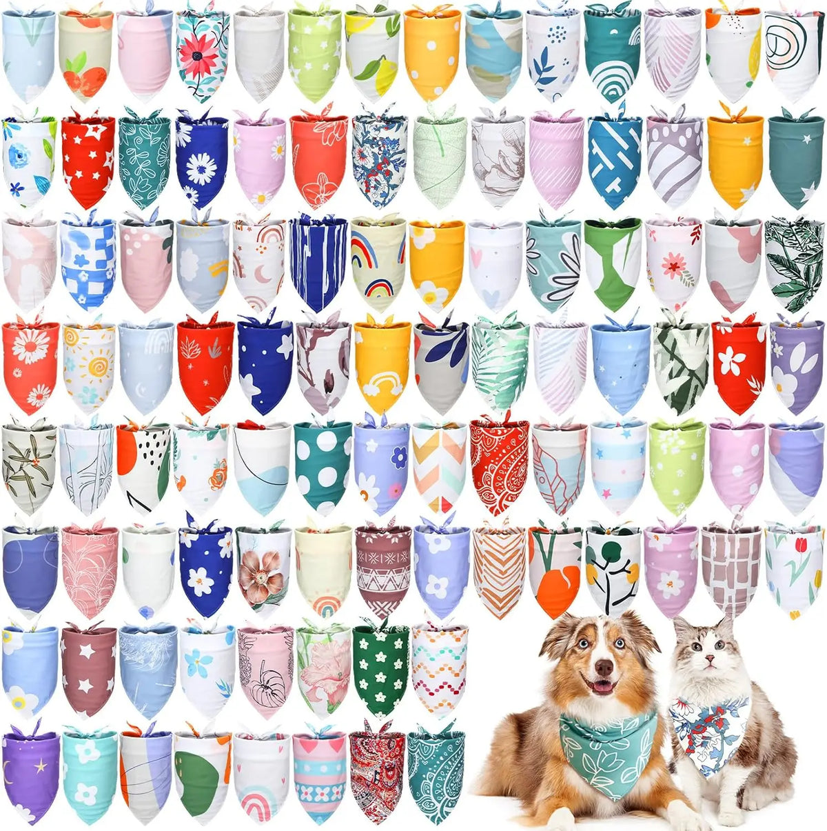 A collection of 100 donut print dog bandanas in various holiday patterns and colors.