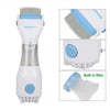 A white pet electric lice grabber comb device shown with various components and usage angles.