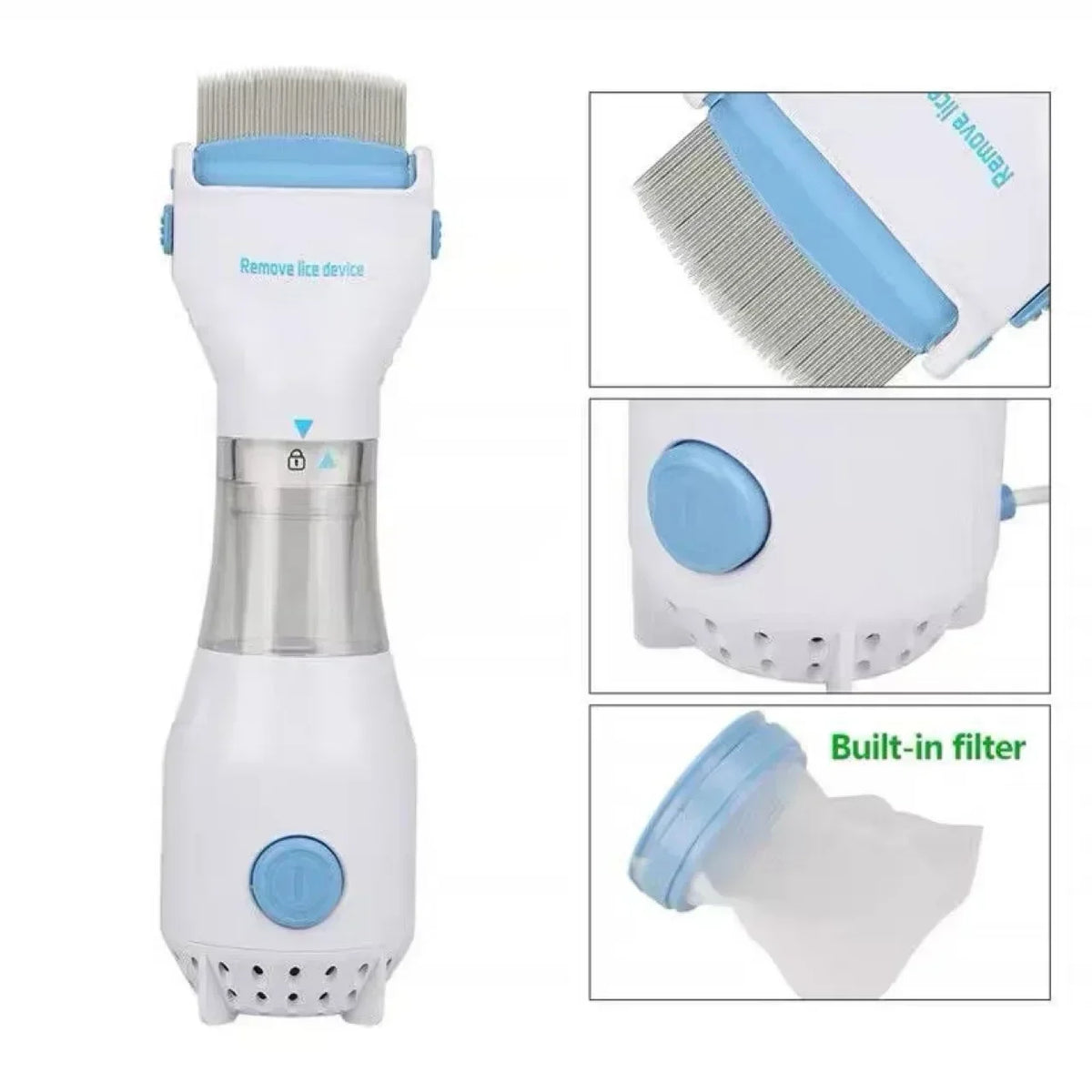 A white pet electric lice grabber comb device shown with various components and usage angles.