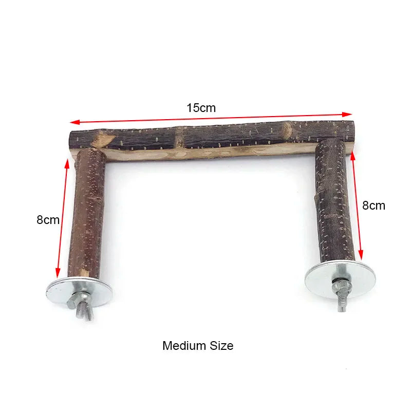 Perchoir et jouet à mâcher en bois naturel de taille moyenne avec mesures indiquées.