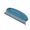 A blue and gray reusable pet hair remover brush with a serrated blade and a handle.