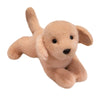 A soft, light tan plush toy of a puppy resembling a Golden Retriever.