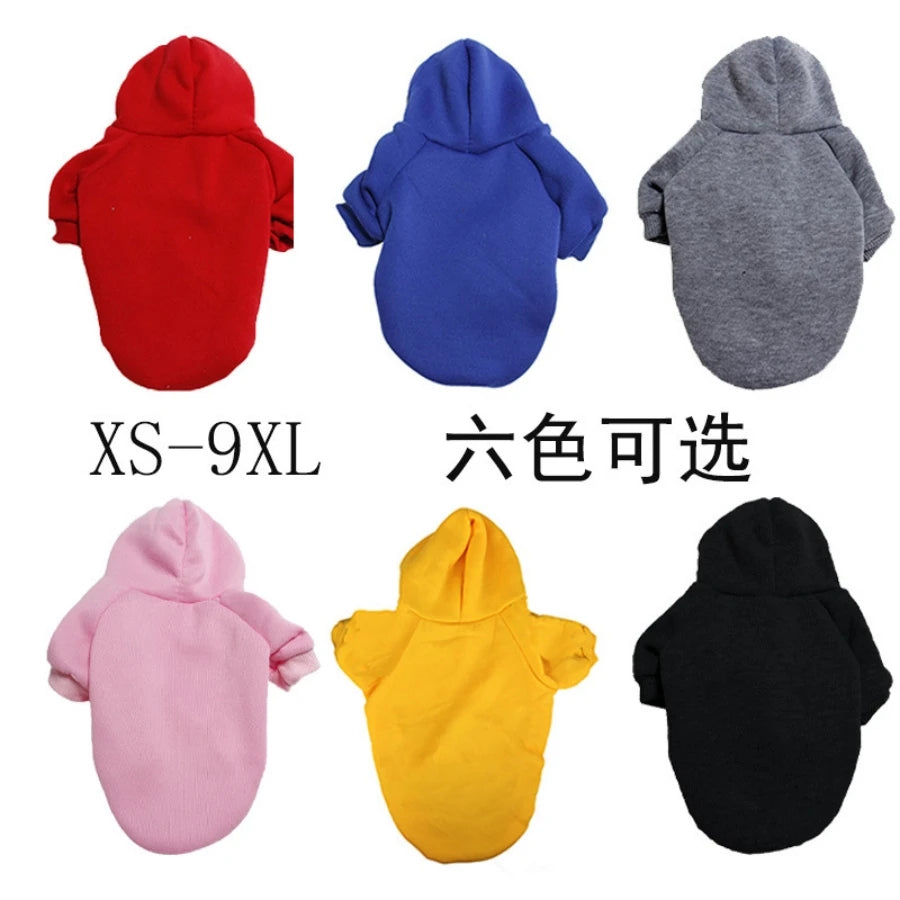 Six colors of cozy autumn and winter hoodies for dogs shown in red, blue, gray, pink, yellow, and black.