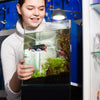 A woman is looking into a glass aquarium setup containing aquatic plants and fish.