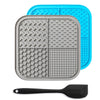 A gray silicone lick mat for pets is shown next to a blue silicone mat and a black silicone spoon.