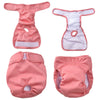 Calzoncillos sanitarios reutilizables a prueba de fugas de color rosa para perros, mostrados en varias vistas