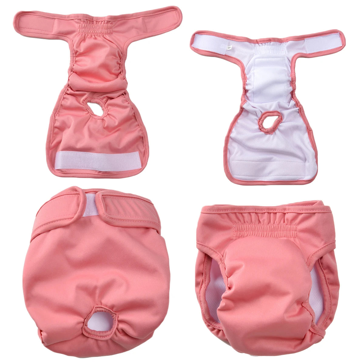 Calzoncillos sanitarios reutilizables a prueba de fugas de color rosa para perros, mostrados en varias vistas