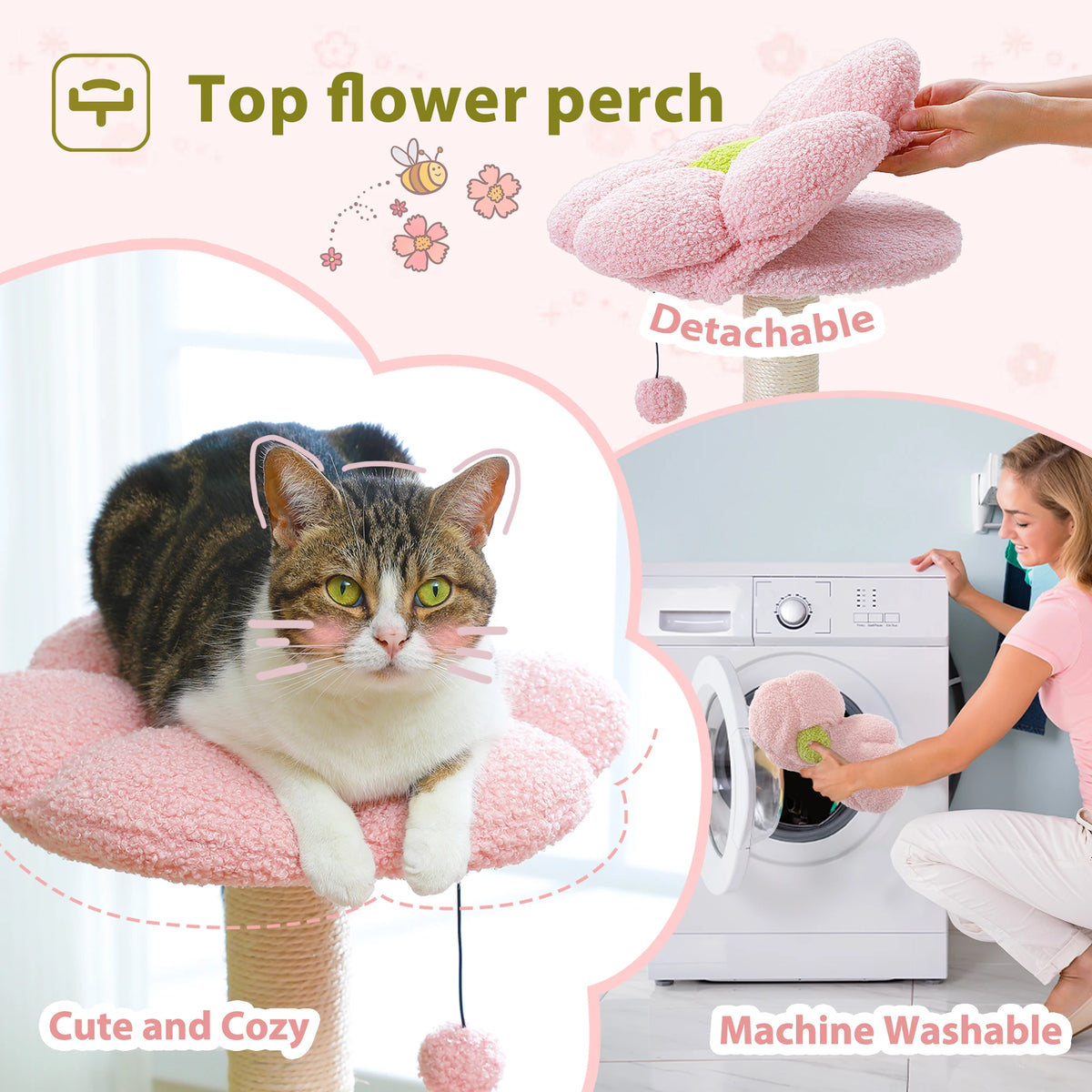 Rosa Blumen-Kletterbaum für Katzen mit abnehmbare Sisal-Hängematte neben einer Hauskatze.