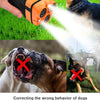 An orange ultrasonic dog bark control device emits a bright light beam toward a dog's face.