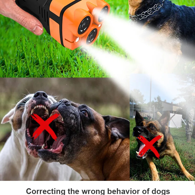 An orange ultrasonic dog bark control device emits a bright light beam toward a dog's face.