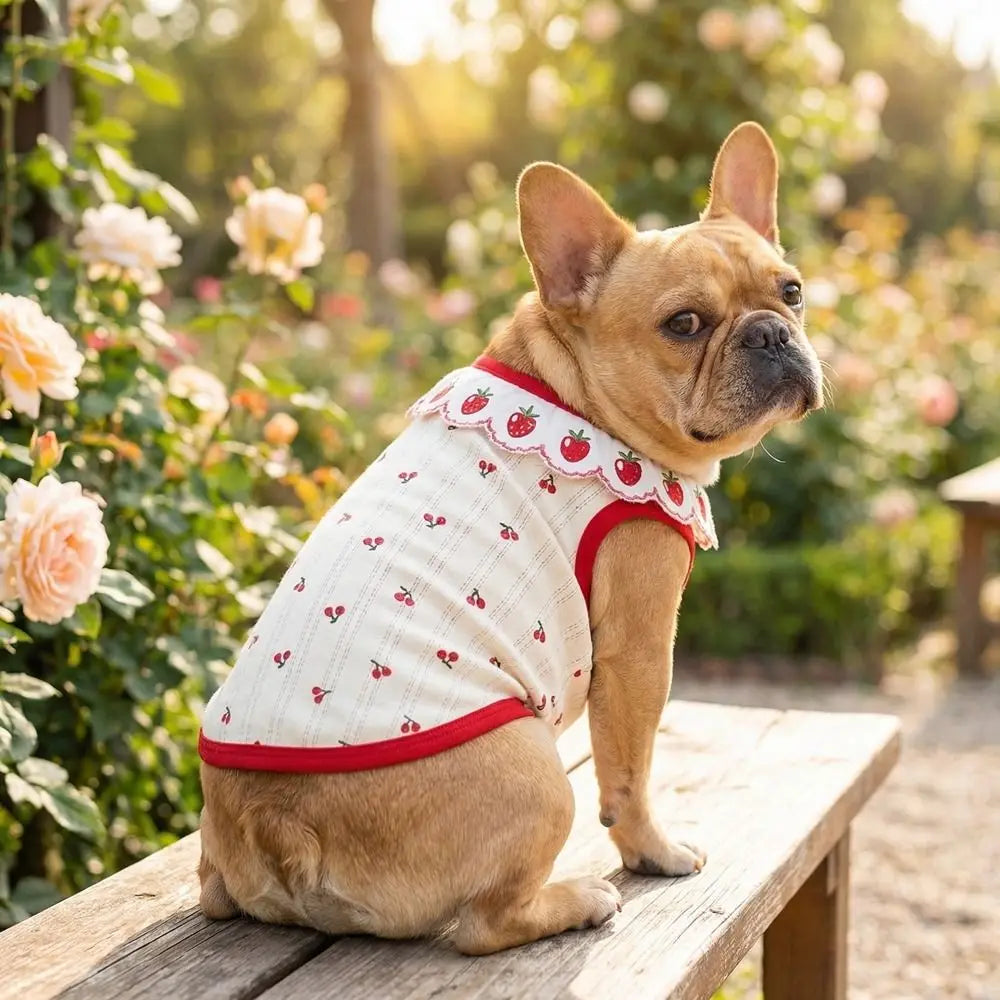 A fawn-colored dog wearing a white vest with red ruffled strawberry print and red trim, sitting outdoors.