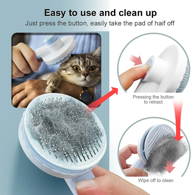 A hand is using a white pet hair removal brush to easily remove hair from a cat's fur.