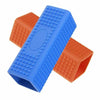 A silicone pet hair remover brush with orange and blue textured silicone bristles.