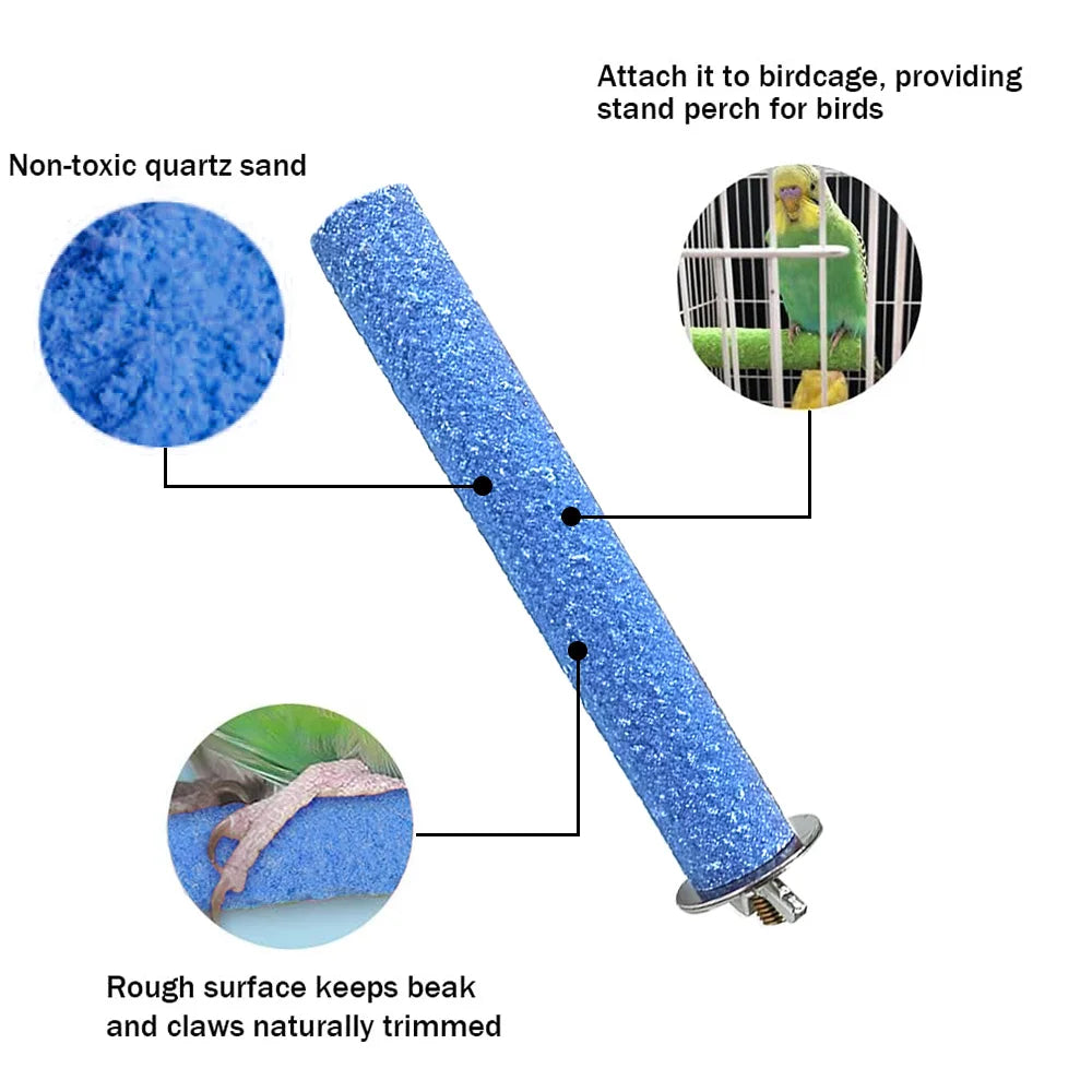A blue quartz sand perch stand for birds, designed to provide a natural surface for beak and claws.