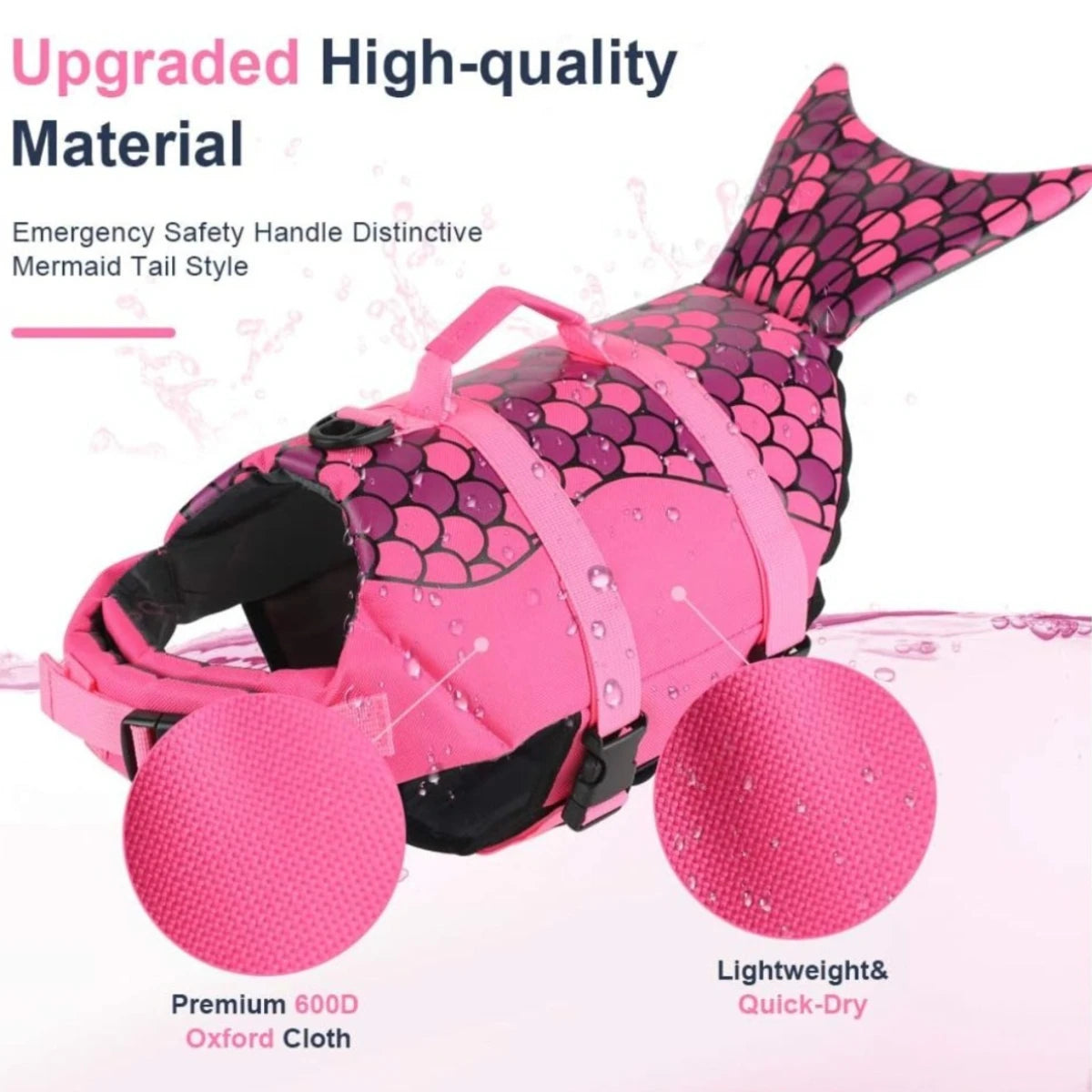 Pinker Meerjungfrauen-Stil-Hund-Schwimmweste aus hochwertigem 600D Oxford-Stoff zum Schwimmen